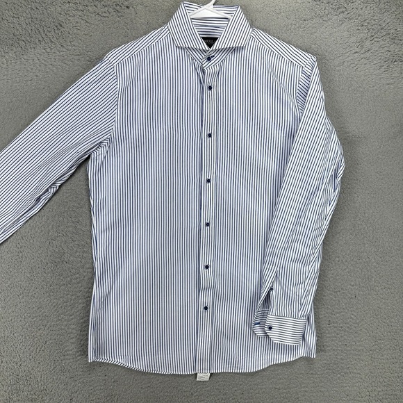 R Douglas Dress Shirt Men Medium Blue White Hickory Stripe Button Up Long Sleeve - Picture 1 of 9